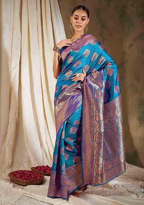 Sky Blue Woven Work Banarasi Silk Saree Set