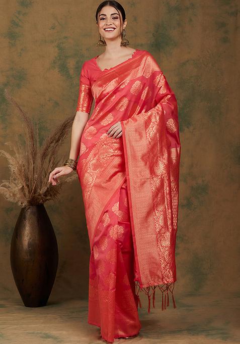 Peach Woven Work Banarasi Silk Saree Set