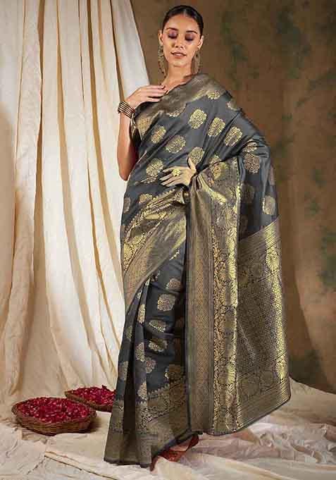 Grey Woven Work Banarasi Silk Saree Set