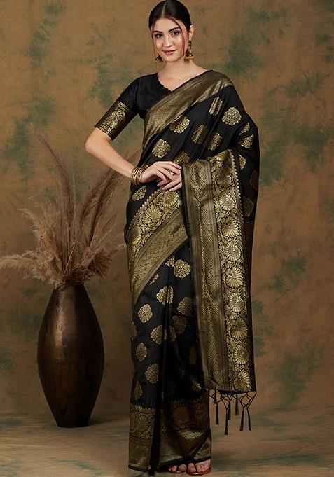 Black Woven Work Banarasi Silk Saree Set