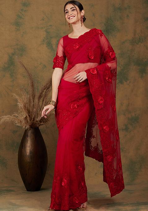 Red Woven Work Net Saree Set