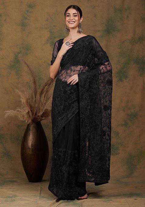 Black Woven Work Net Saree Set