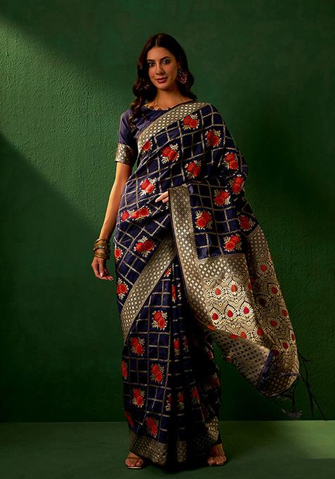 Navy Blue Woven Work Banarasi Silk Saree Set