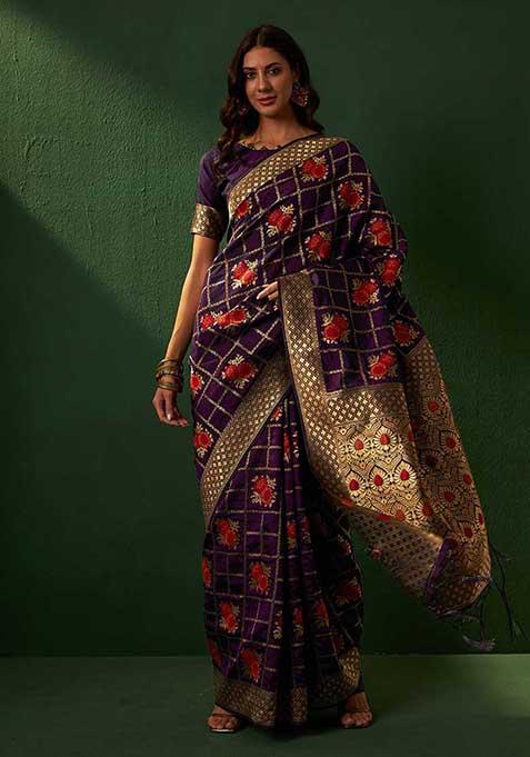 Purple Woven Work Banarasi Silk Saree Set