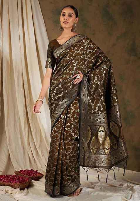 Coffee Woven Floral Work Banarasi Silk Saree Set