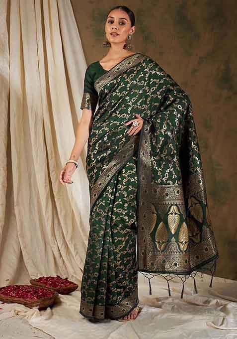 Olive Green Woven Floral Work Banarasi Silk Saree Set