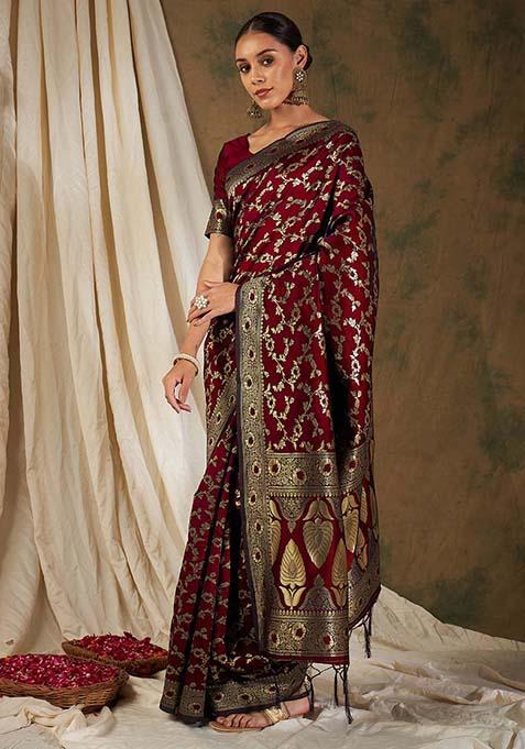 Maroon Woven Floral Jaal Work Banarasi Silk Saree Set