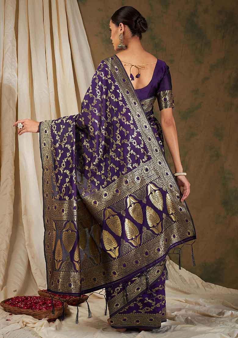 Wine Woven Floral Jaal Work Banarasi Silk Saree Set