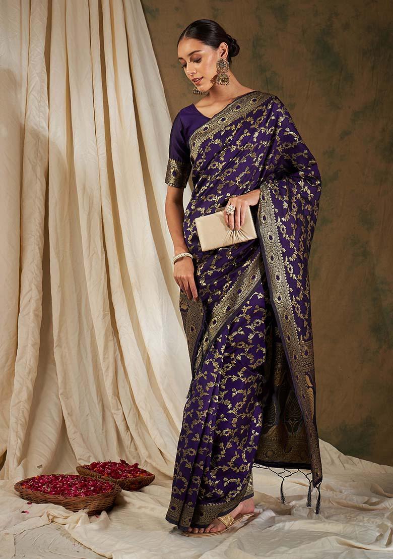 Wine Woven Floral Jaal Work Banarasi Silk Saree Set