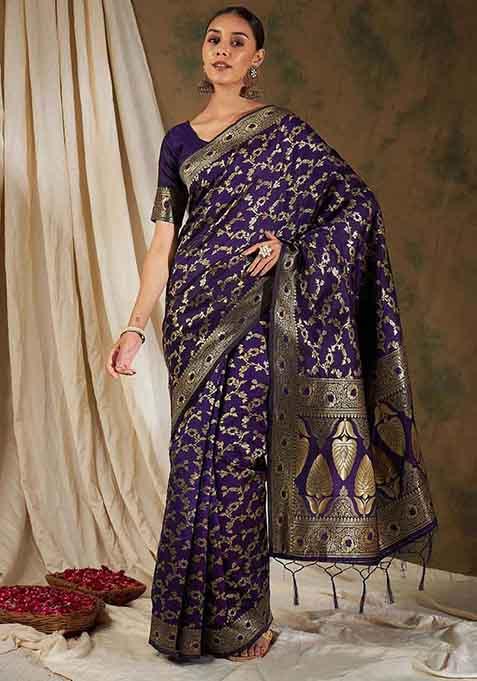 Wine Woven Floral Jaal Work Banarasi Silk Saree Set