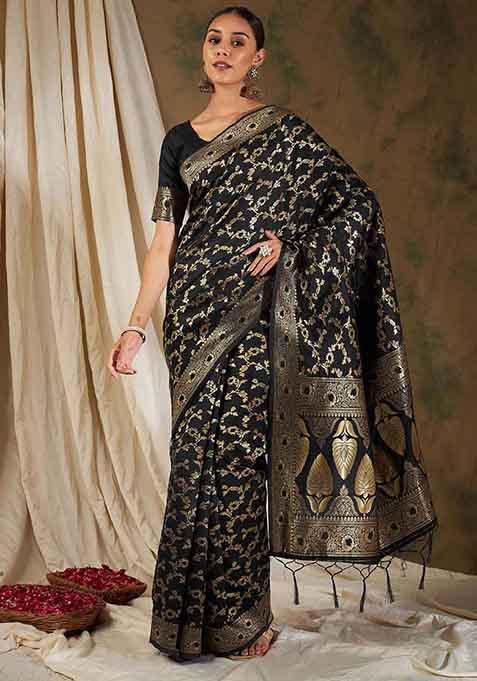 Black Woven Floral Work Banarasi Silk Saree Set