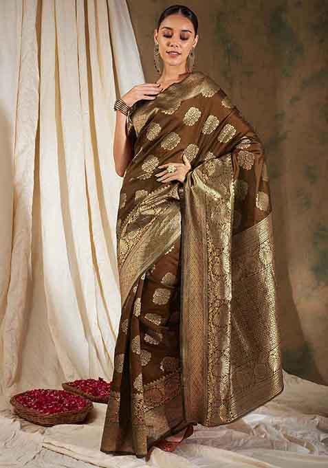 Coffee Woven Work Banarasi Silk Saree Set