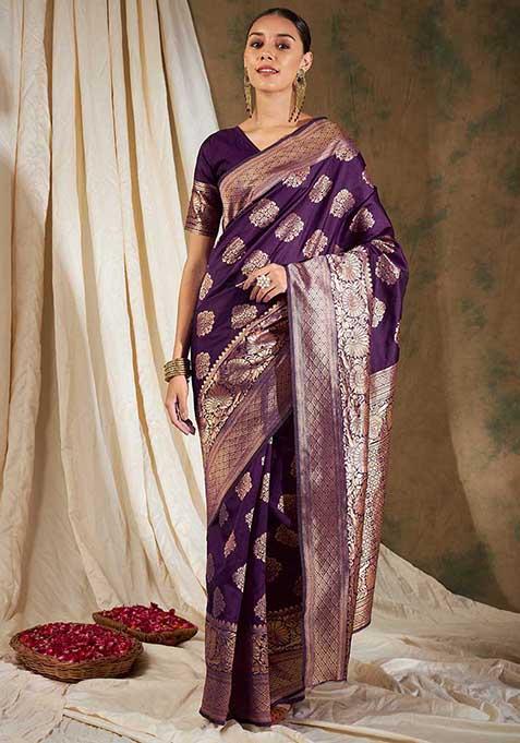 Purple Woven Boota Work Banarasi Silk Saree Set