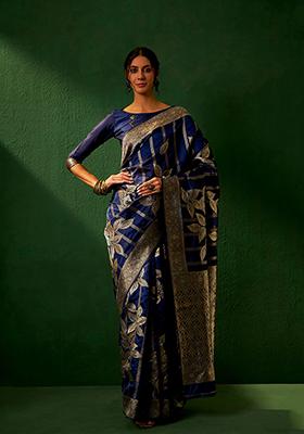 Navy Blue Woven Floral Work Banarasi Silk Saree Set