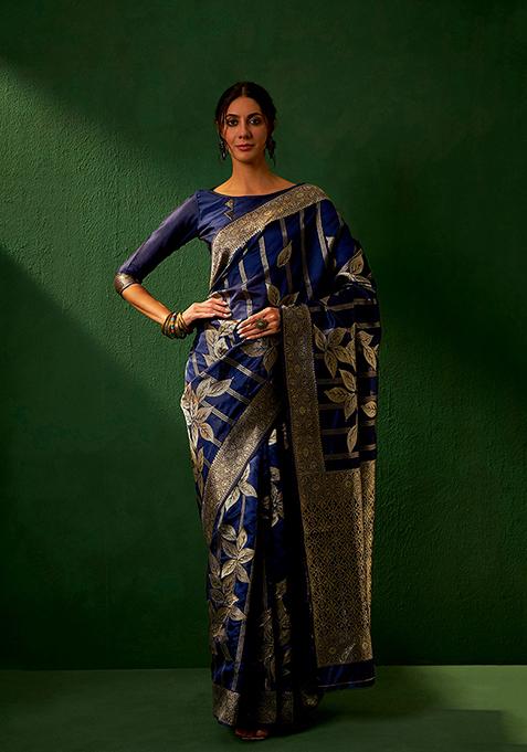 Navy Blue Woven Floral Work Banarasi Silk Saree Set