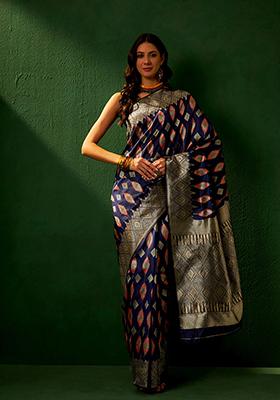 Navy Blue Woven Work Banarasi Silk Saree Set
