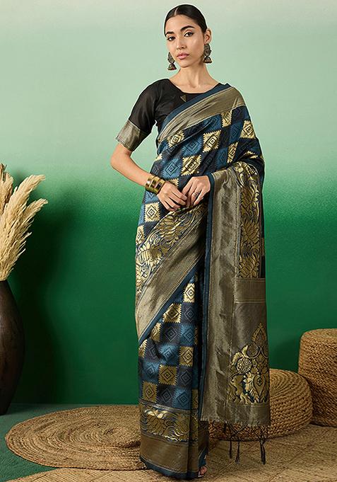 Multicolour Woven Work Banarasi Silk Saree Set