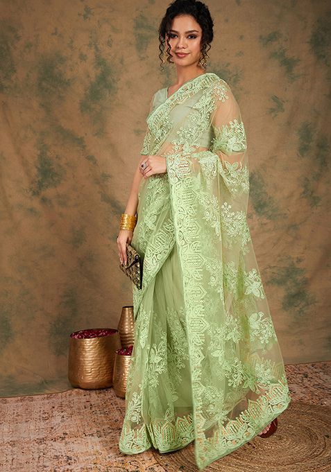 Pista Green Woven Work Embroidered Net Saree Set