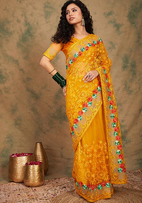 Yellow Woven Work Embroidered Net Saree Set