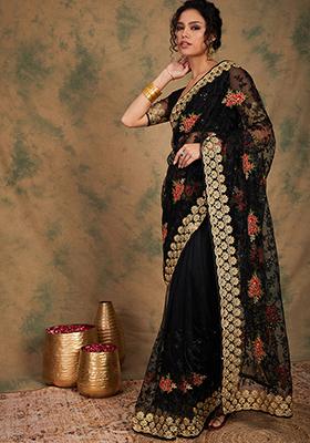 Black Woven Work Embroidered Net Saree Set