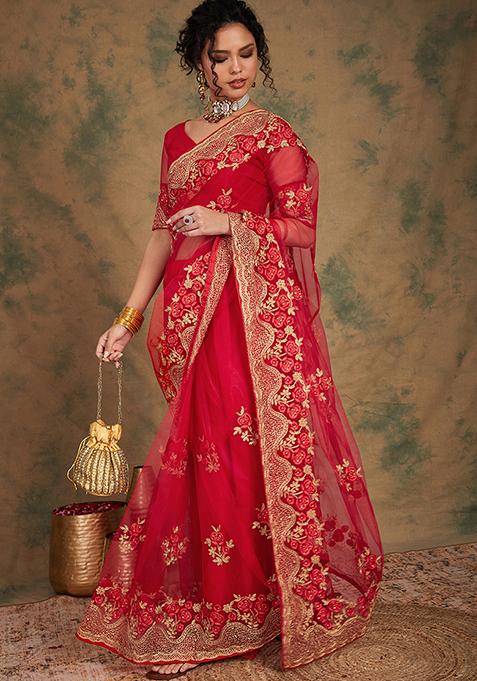 Red Woven Work Embroidered Net Saree Set