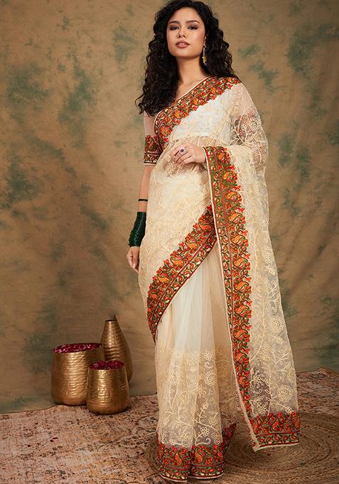 White Woven Work Embroidered Net Saree Set