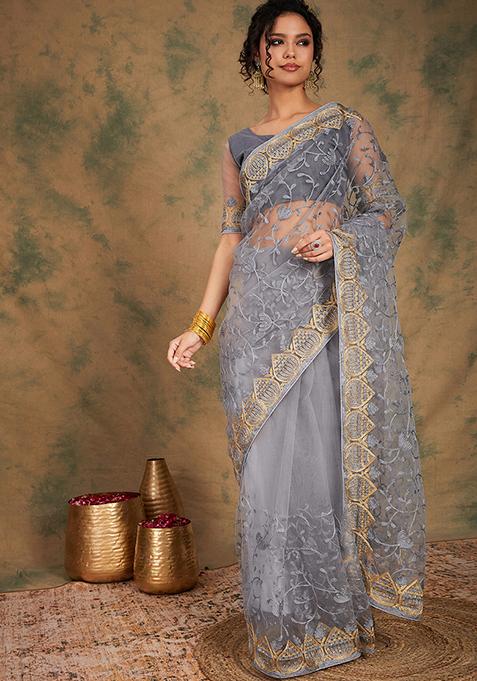 Grey Woven Work Embroidered Net Saree Set