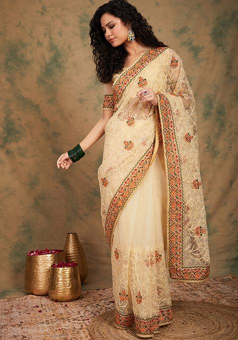 Chiku Woven Work Embroidered Net Saree Set