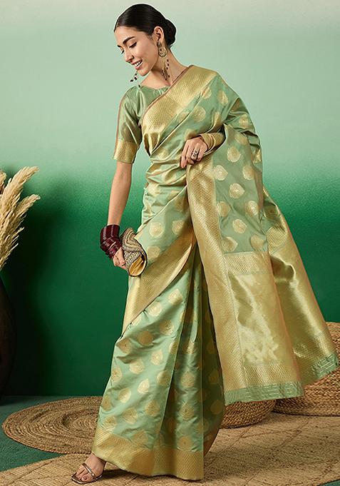 Pista Green Zari Woven Work Banarasi Silk Saree Set