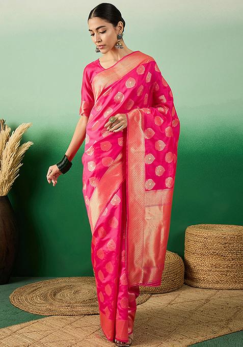 Pink Zari Woven Work Banarasi Silk Saree Set