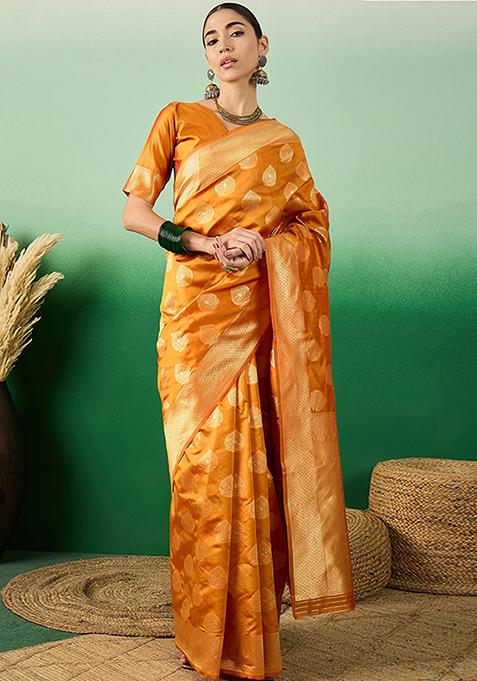 Orange Zari Woven Work Banarasi Silk Saree Set