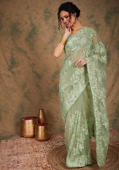 Pista Green Heavy Embroidered Net Saree Set