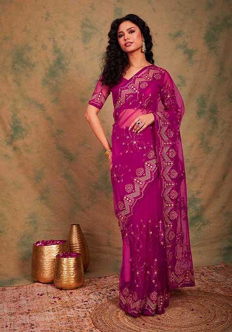 Pink Heavy Embroidered Net Saree Set