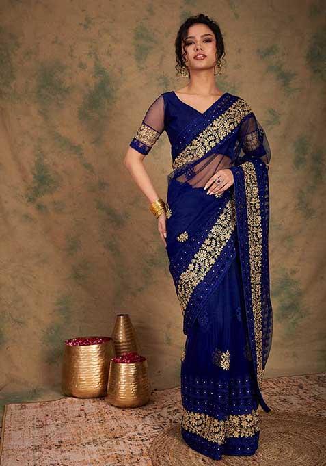 Blue Heavy Embroidered Net Saree Set