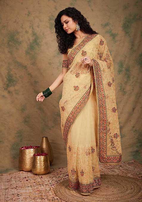 Chiku Heavy Embroidered Net Saree Set