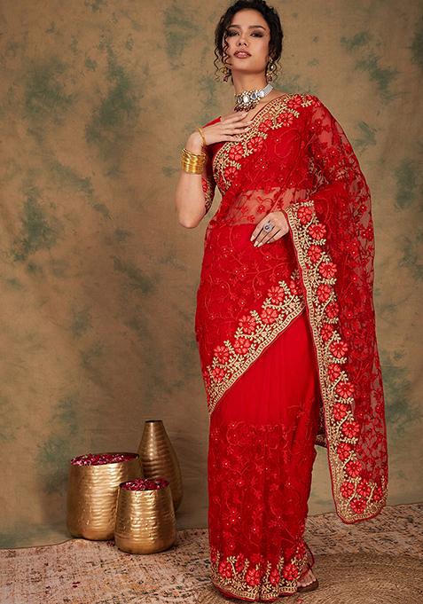 Red Heavy Embroidered Boota Work Net Saree Set