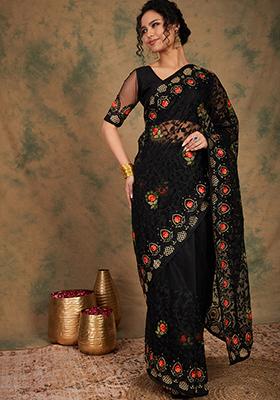 Black Heavy Embroidered Boota Work Net Saree Set