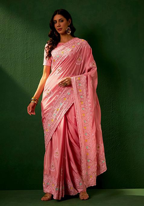 Pink Heavy Embroidered Boota Work Chinon Saree Set