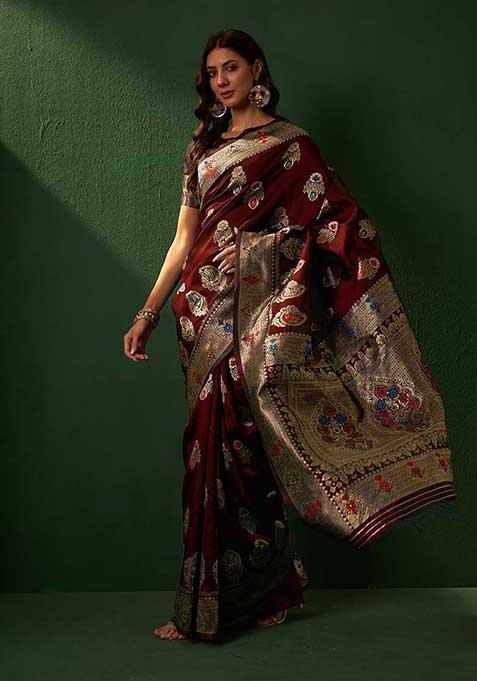 Maroon Heavy Woven Work Banarasi Silk Saree Set