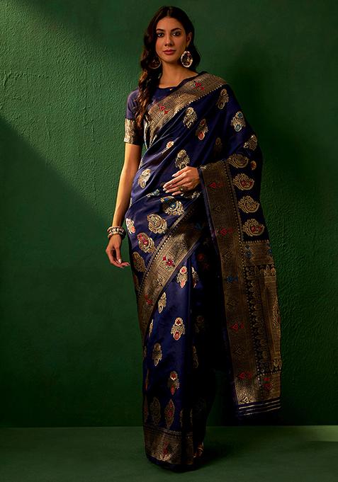 Navy Blue Heavy Woven Work Banarasi Silk Saree Set