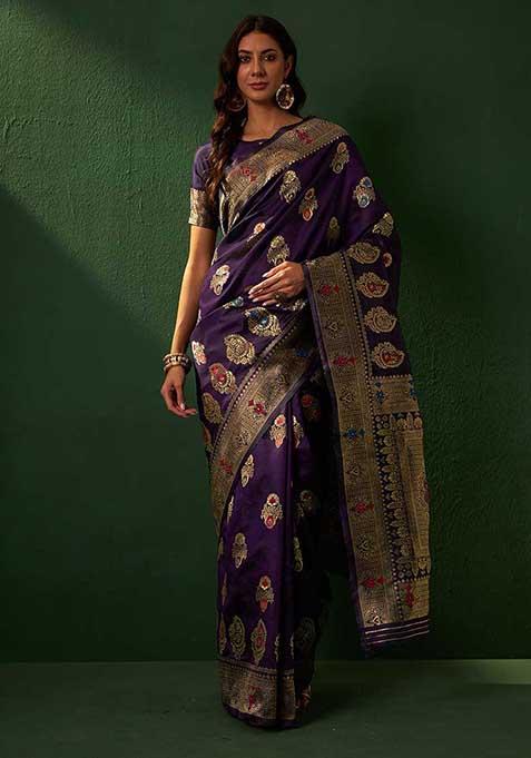 Purple Heavy Woven Work Banarasi Silk Saree Set