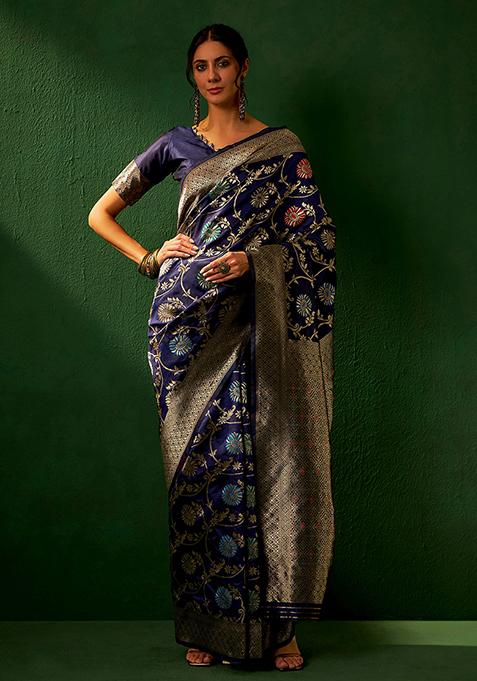 Navy Blue Heavy Woven Work Banarasi Silk Saree Set