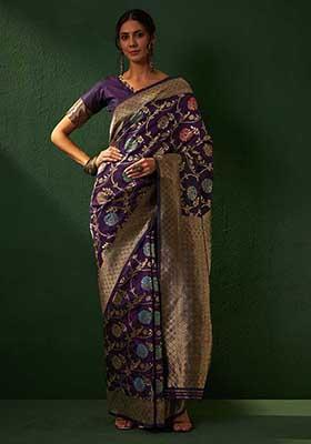 Wine Heavy Woven Work Banarasi Silk Saree Set