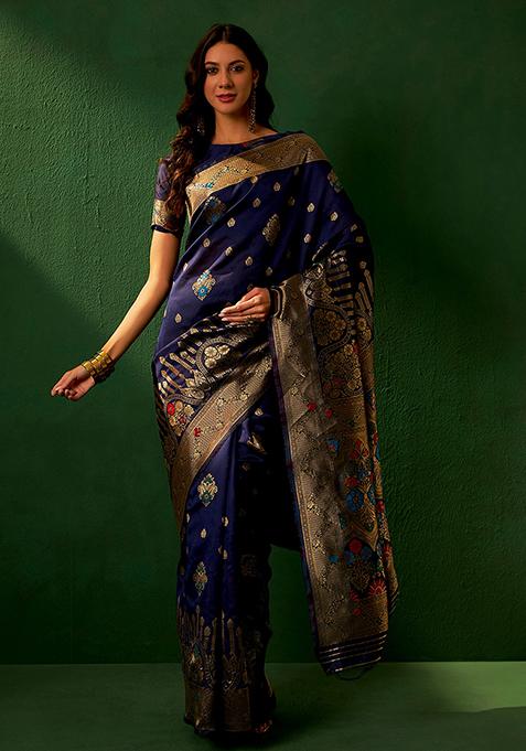 Navy Blue Woven Work Banarasi Silk Saree Set