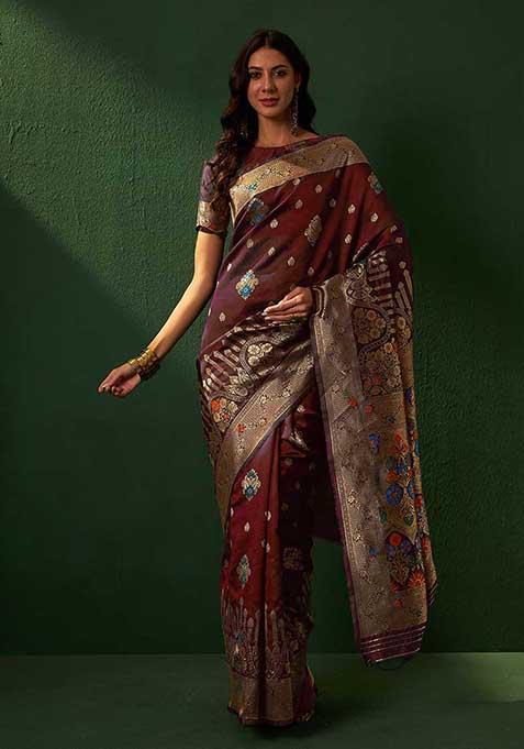 Maroon Heavy Woven Work Banarasi Silk Saree Set