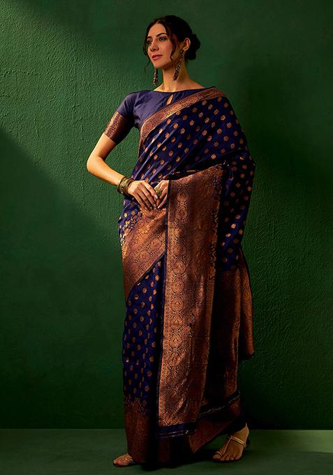 Navy Blue Woven Work Banarasi Silk Saree Set