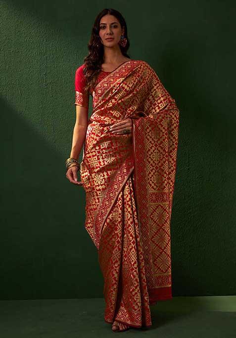 Red Woven Work Patola Banarasi Silk Saree Set