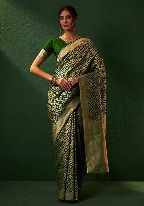 Green Woven Work Patola Banarasi Silk Saree Set