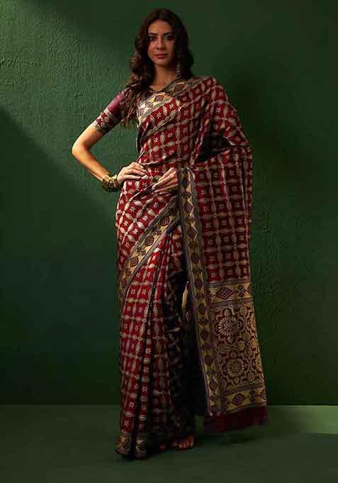 Maroon Woven Work Patola Banarasi Silk Saree Set