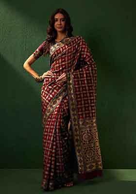 Wine Woven Work Patola Banarasi Silk Saree Set